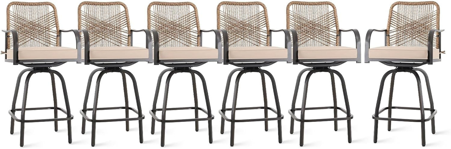 Outdoor Bar Stools Set of 6, Patio Swivel Counter Height Rattan Bar Stools, Patio Wicker Bar Swivel Chairs with Cushion, Outdoor Pool Bar Chairs for Backyard Garden Balcony w /360 Rotation