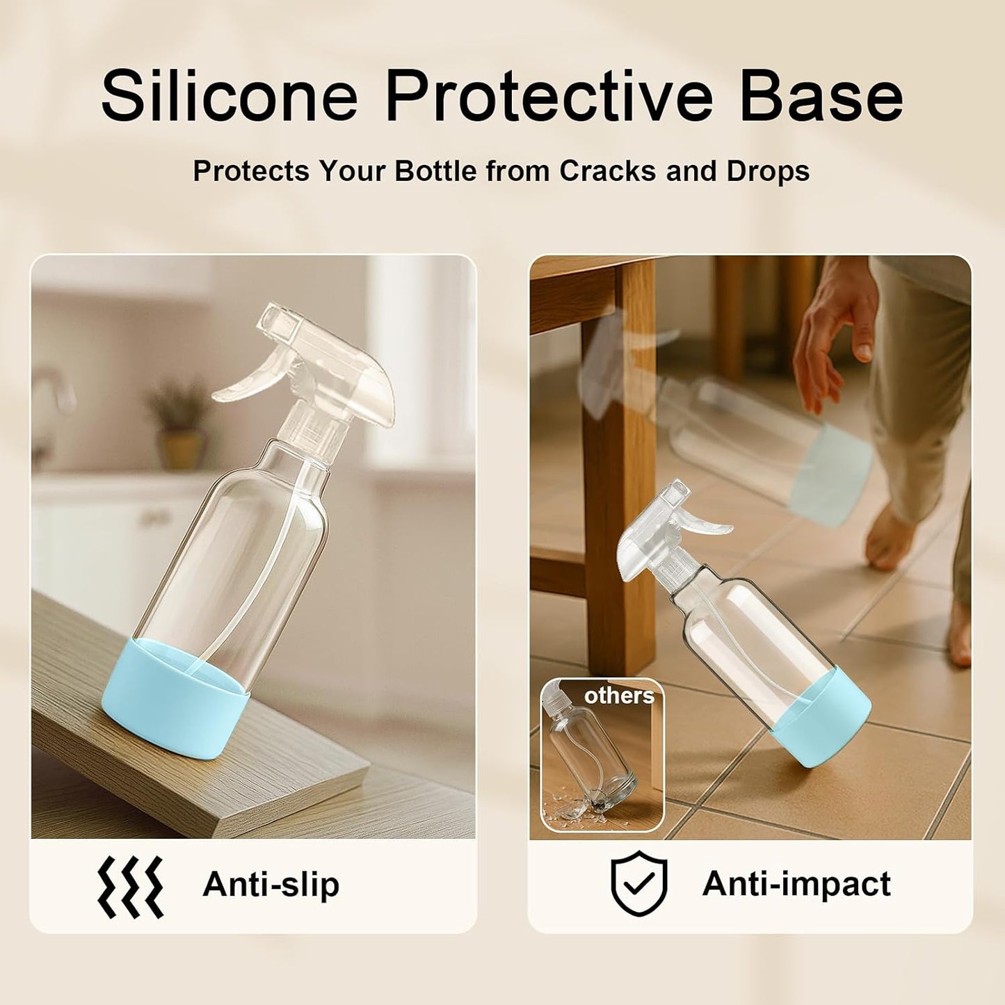 Glass Spray Bottles with Silicone Sleeve 16.9oz 2 Pack Empty Spray Bottle for Hair Mist/Stream Spraying for Cleaning Solutions, Plants, Essential Oils (clear-qblue&grey)