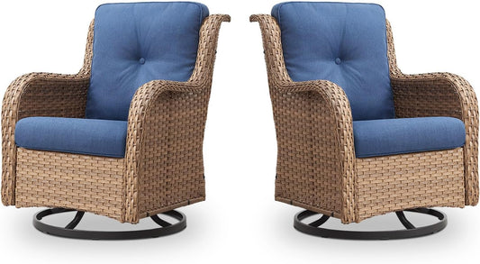 Outdoor Swivel Rocker Patio Chairs - 360 Degree Swivel Glider Seating 350LBS Weight Capacity Wicker Rocking Chairs Set of 2 with Removable Cushion for Porch Balcony Deck, Yellow/Blue