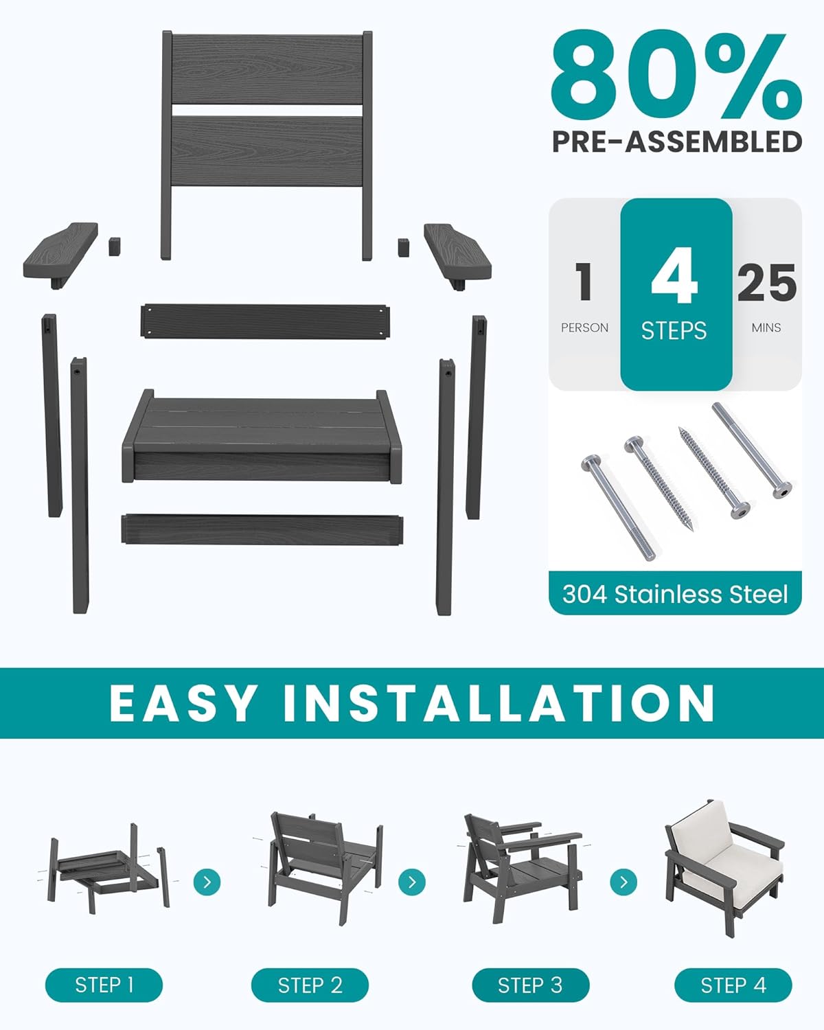 SERWALL HDPE Outdoor Couch Set of 2, All-Weather Wood-Like Outdoor Patio Furniture Set, Patio Sofa Chairs with Khaki Cushions