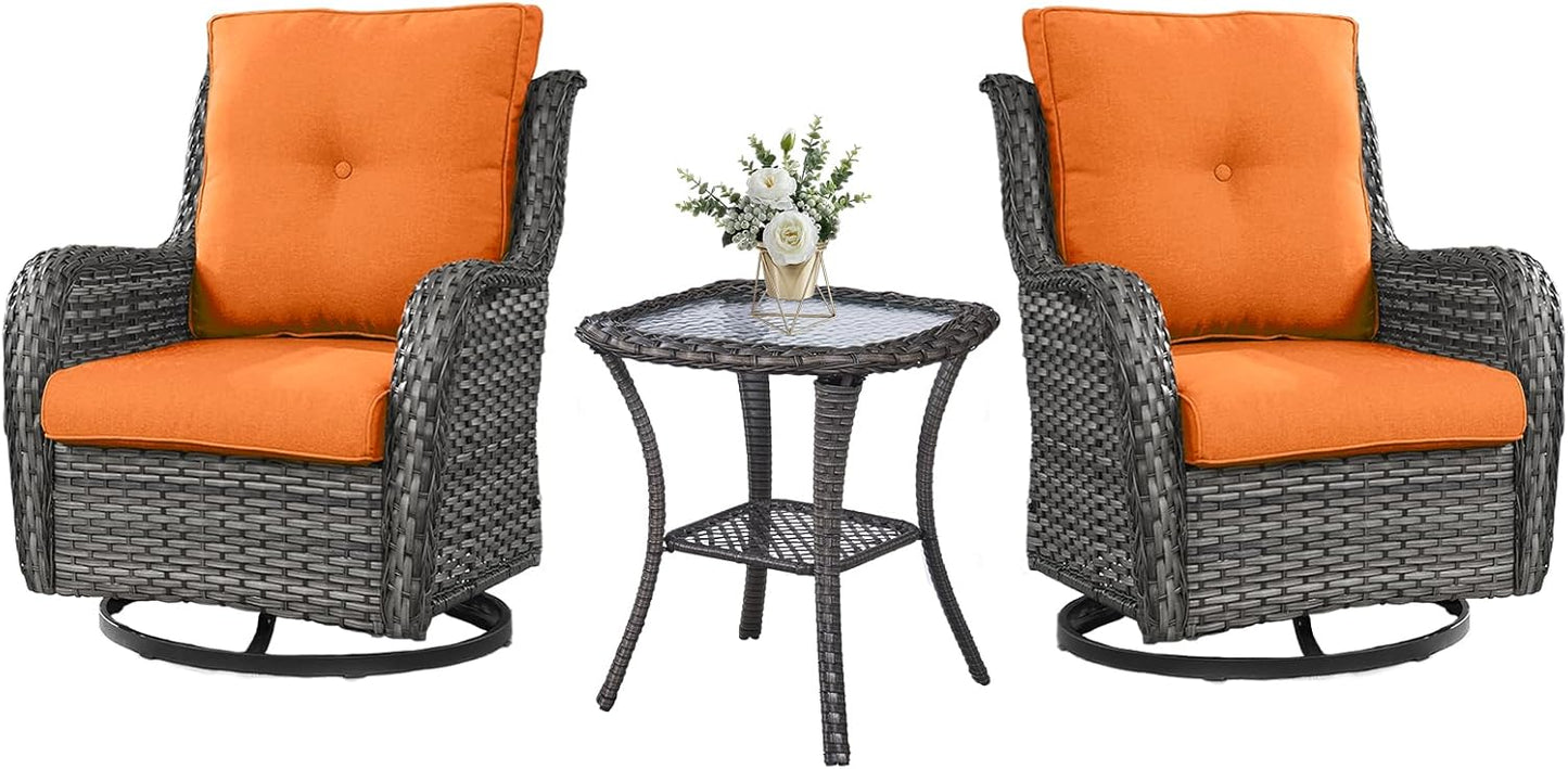 Outdoor Swivel Rocker Wicker Chairs Set of 3, High Back Swivel Patio Chairs Wicker Furniture Set, 2 PCS Rattan Swivel Rocking Chair with Side Table, Orange Cushion