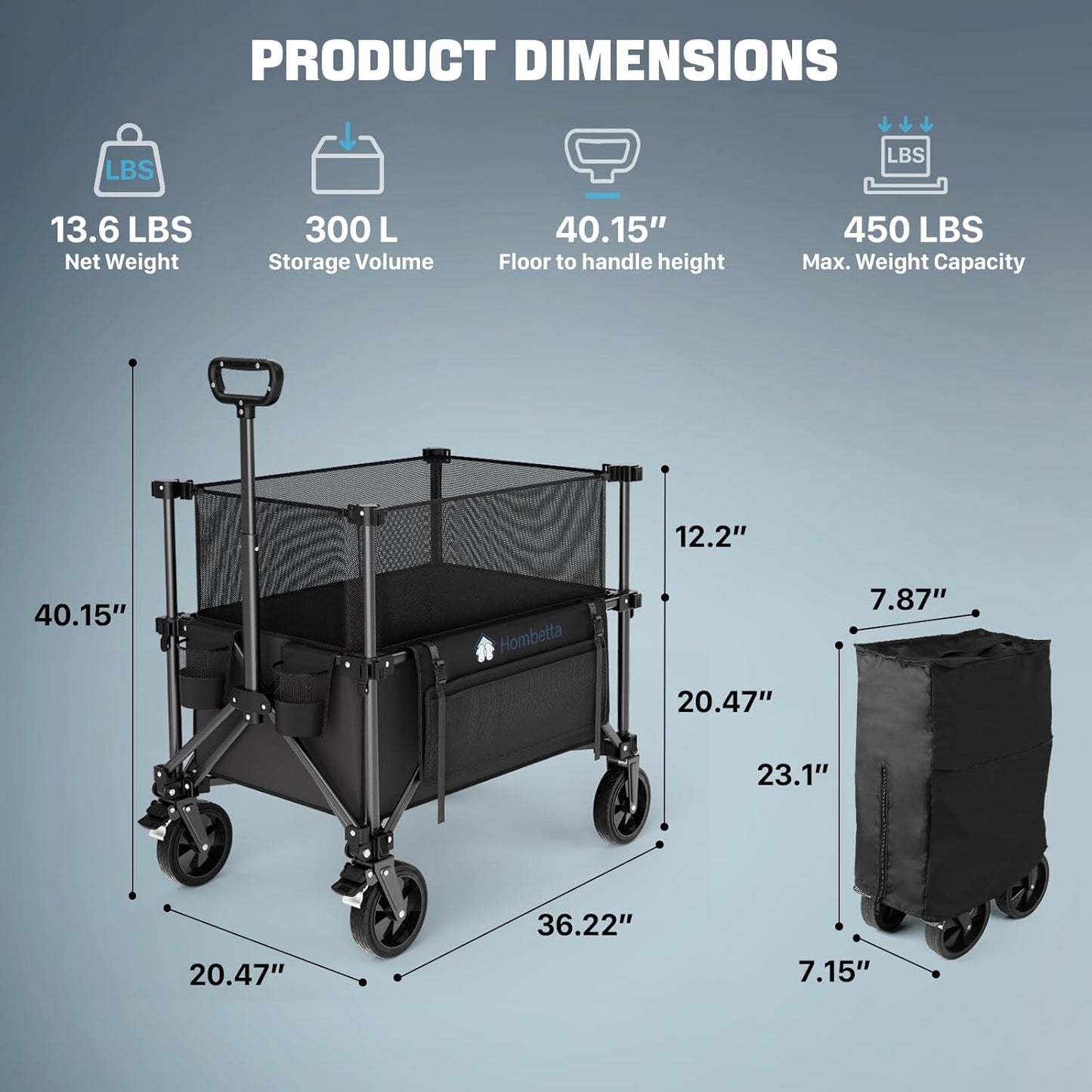 Folding Wagon Cart Foldable with Wheels, Adjustable Double Decker 150L-300L Capacity, All-Terrain Wheels & Brake, 450LBS Heavy Duty Collapsible Wagon for Beach, Camping, Outdoor