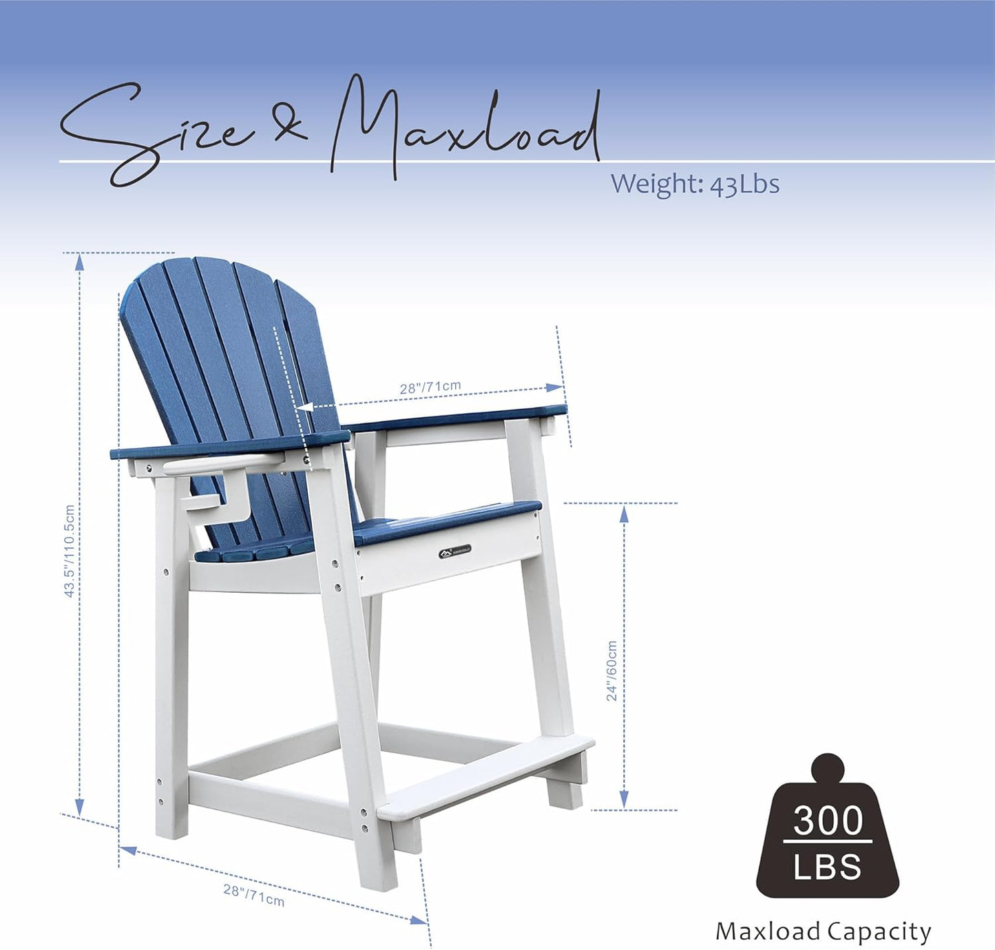 Tall Adirondack Chairs, Adirondack Barstools, Weather Patio Garden Pool Fire Pit Balcony Outdoor Bar Stools HDPE Plastic Barstools with Backs for Garden, Backyard, Yard (Blue)