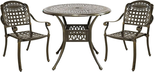 MEETWARM 3 Piece Outdoor Patio Bistro Set, All-Weather Cast Aluminum Dining Furniture Set Includes 2 Chairs and a 35.4” Round Table with Umbrella Hole for Garden Deck