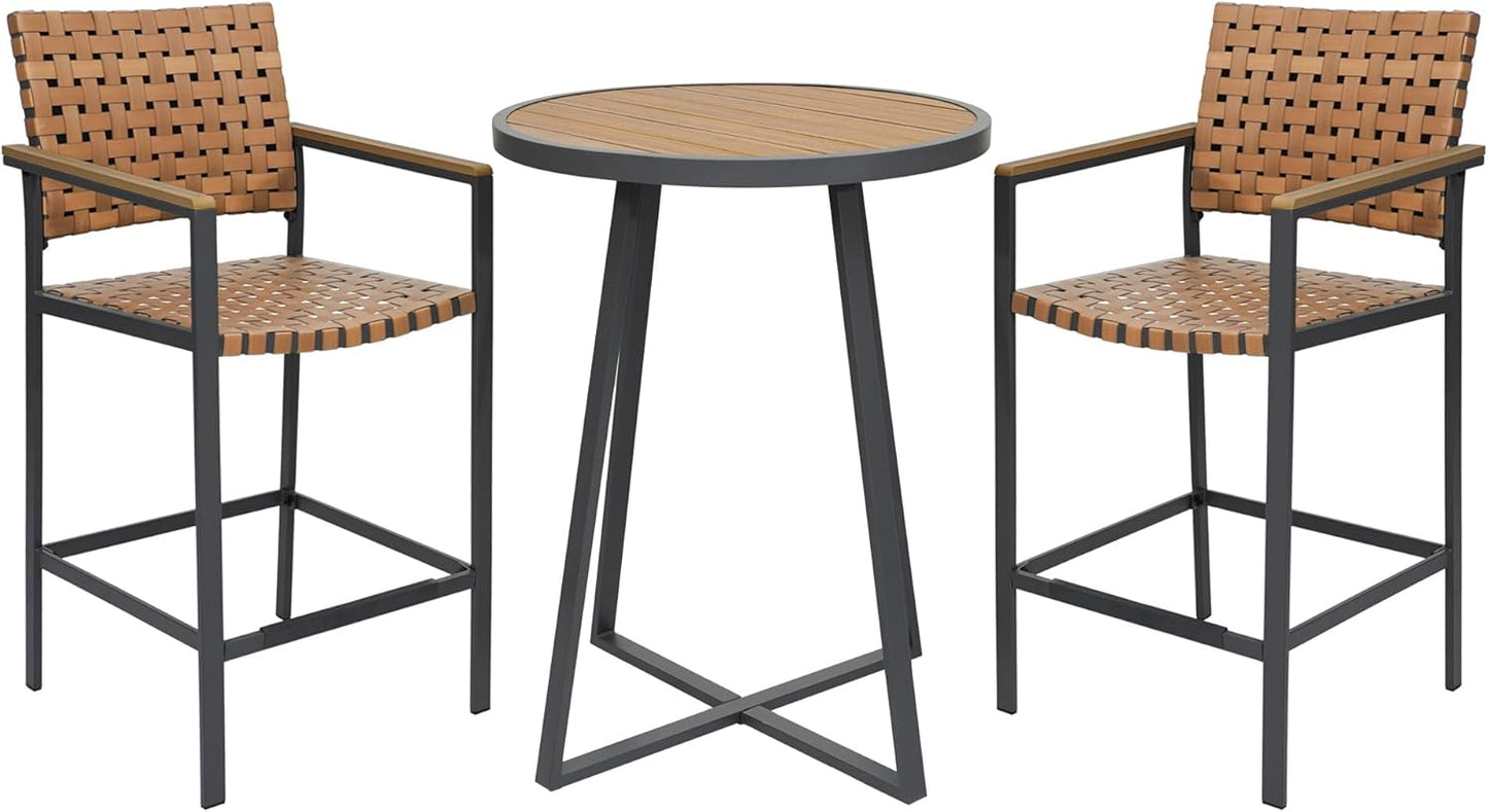 3 Piece Bar Height Patio Table and Chairs Set, High Top Bistro Set with Fauxwood Armrest, Outdoor Bar Stools and Table Sets for Garden, Backyard, Home, Balcony