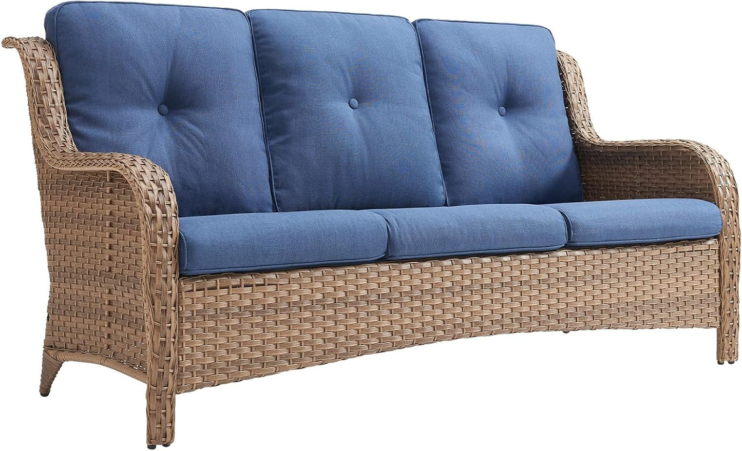 Outdoor Couch Wicker Patio Sofa - 75Inch Rattan Sofa with Hight Backrest Wide Armrest, All Weather Outdoor 3 Seater Seating Wicker Couch for Balcony Proch Deck Backyard Yellow/Blue