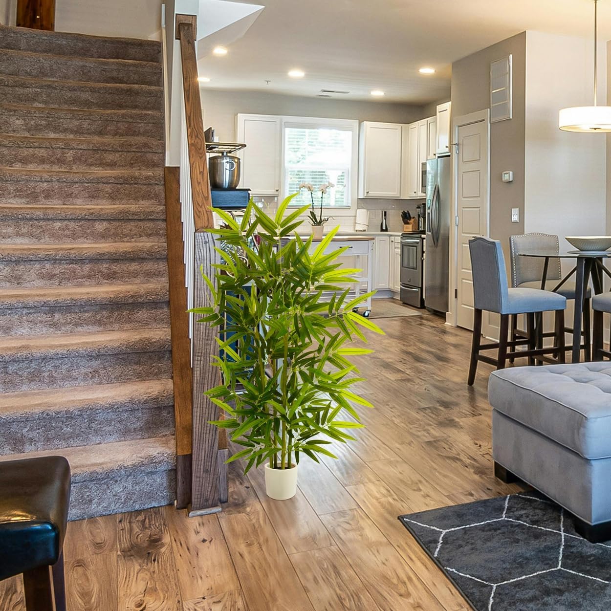 Artificial Bamboo Tree, 4ft Tall Faux Bamboo Plant with White Planter, Fake Trees with 4 Trunks and Lifelike Leaves for Indoor Outdoor Home Office Décor