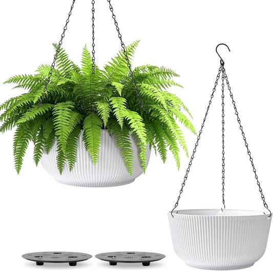 T4U 12 Inch Large Hanging Planters for Outdoor Plants, 2 Pack Self Watering Pots Indoor, Hanging Baskets for Plants,Hanging Flower Pot with Drainage Hole and Plant Hanger, White