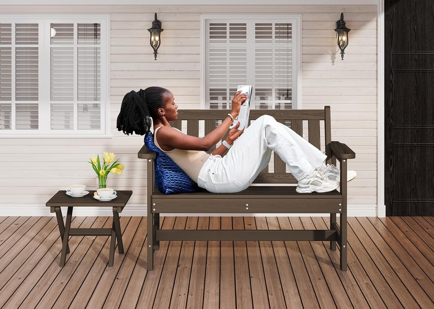 SERWALL Outdoor Bench, HDPE Outdoor Benches Weatherproof, 2-Person Garden Bench with 660 lbs Weight Capacity, Patio Benches for Outdoors, Garden, Porch, Backyard and Park, Coffee, 4 Pack