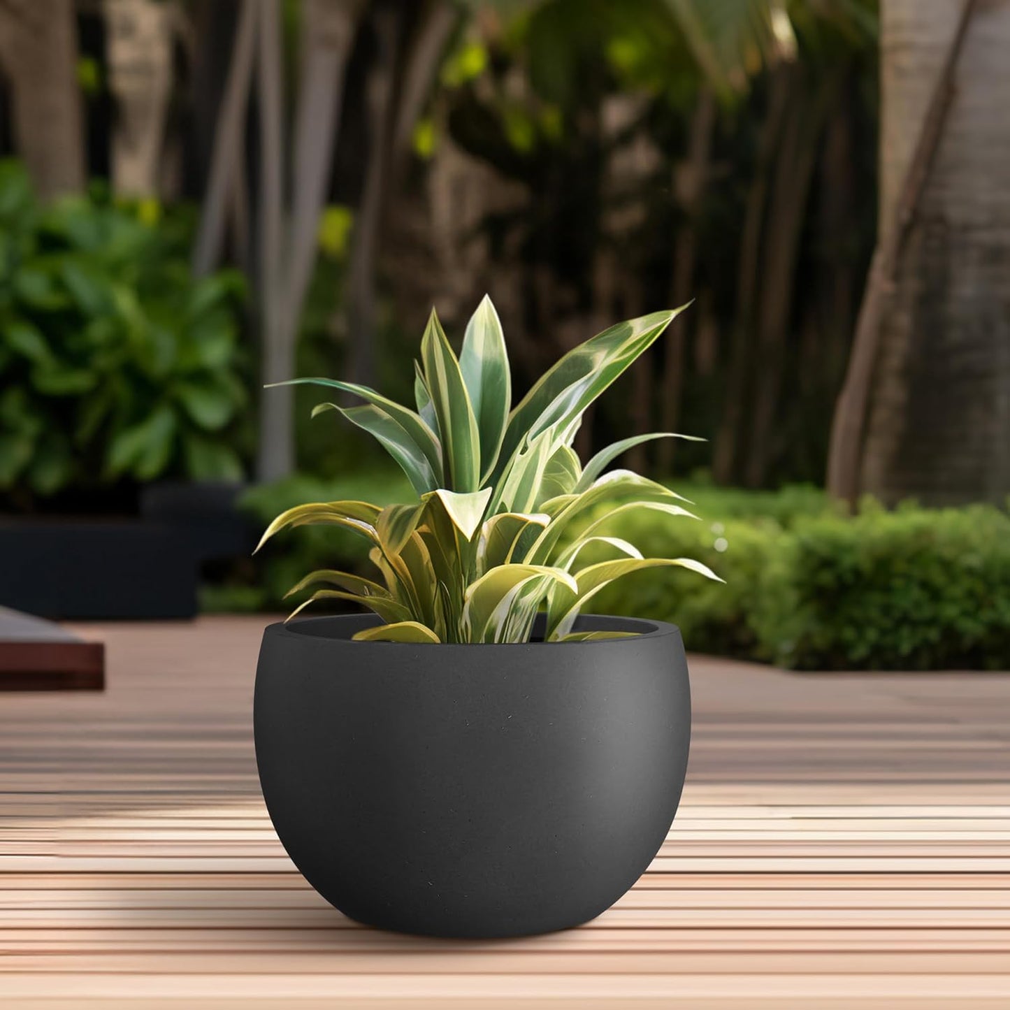 Kante 15.7" Dia Round Concrete Planter, Outdoor/Indoor Large Bowl Plant Pots with Drainage Hole and Rubber Plug for Garden Patio Balcony Home, Black