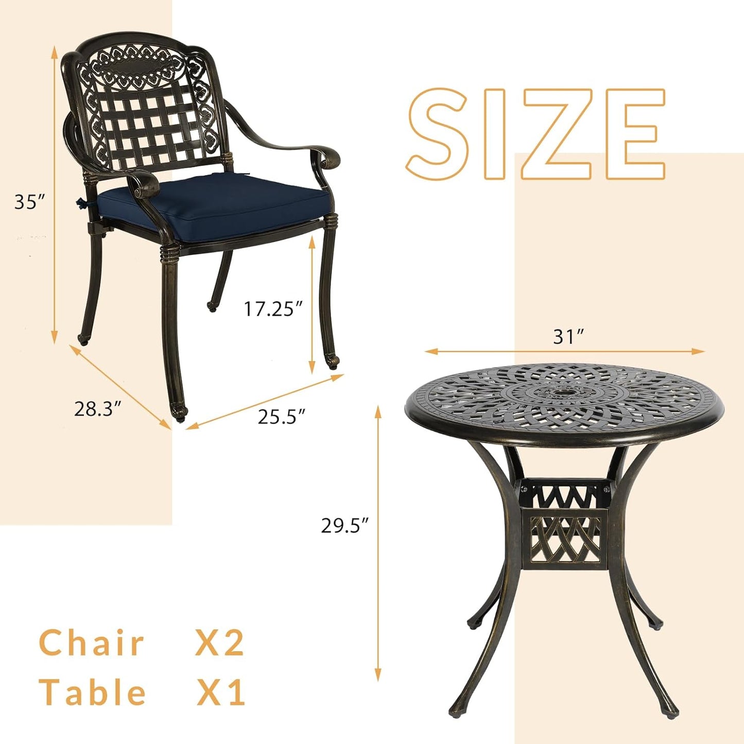 3-Piece Outdoor Patio Dining Set, All-Weather Cast Aluminum Patio Furniture Set for Backyard Garden Deck with 2 Cushioned Chairs and 31” Round Table, 2" Umbrella Hole, Navy Blue
