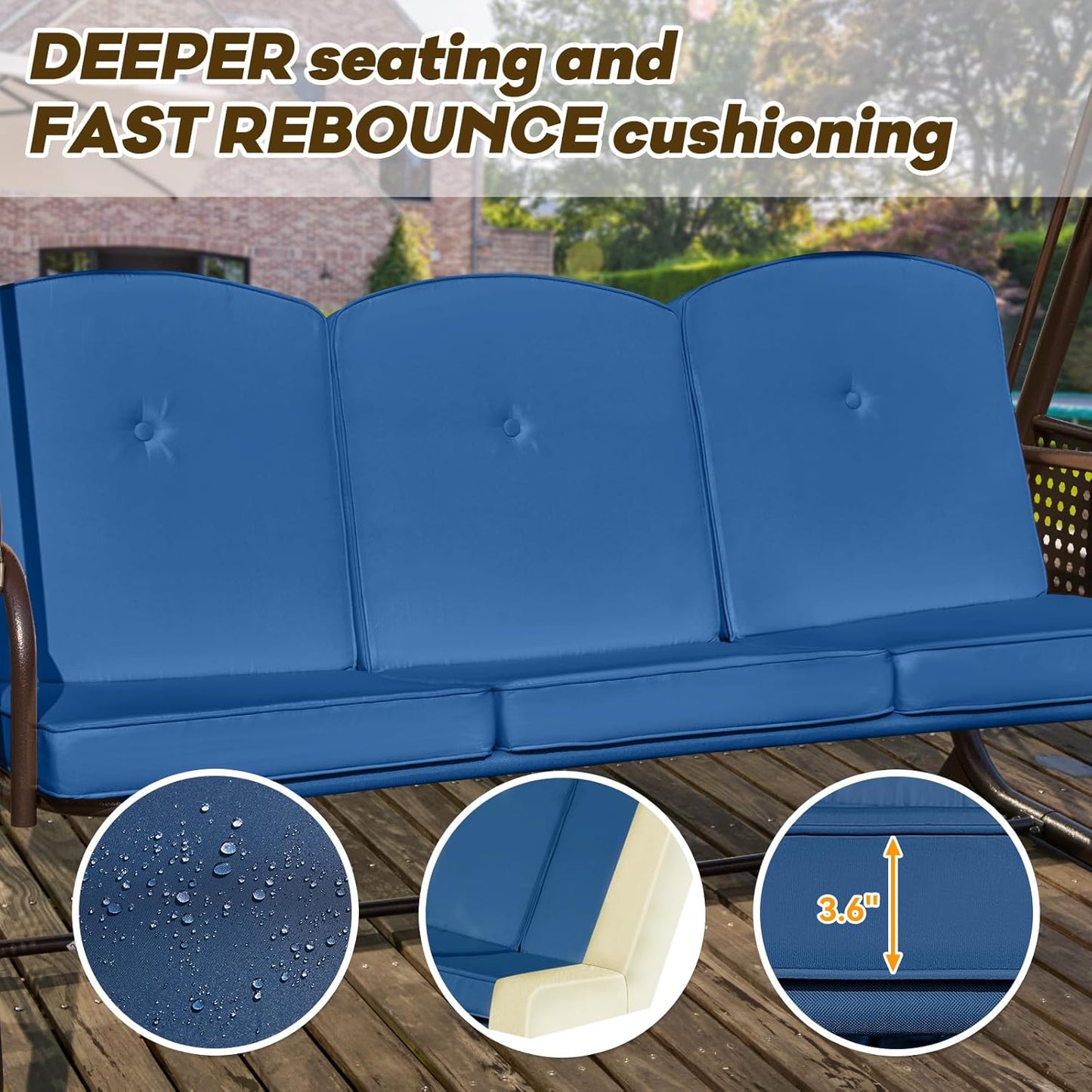 3 in 1 Outdoor Porch Swing with Adjustable Canopy, 3 Seat Outdoor Swing for Adults, Patio Swing Chair with Thickened Cushions,Pillows & Cup Holders for Backyard, Porch, Garden (Blue)