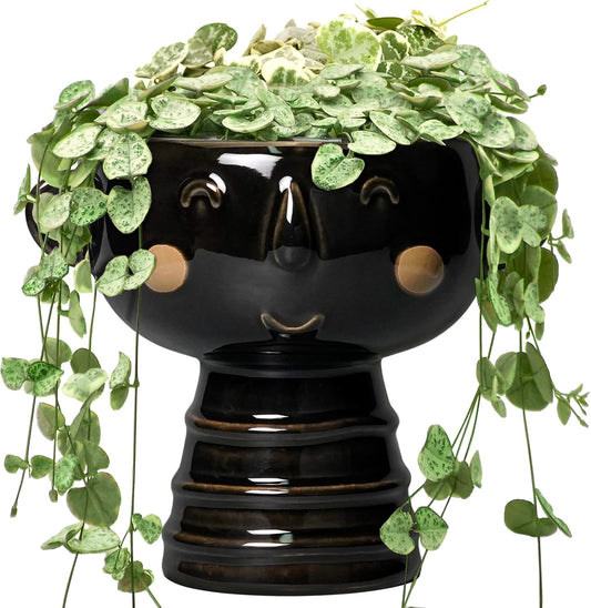 Face Planter - 7 Inch Ceramic Head Planters for Indoor Plants Outdoor, Cute Succulent Pots with Drainage Hole, Decorative Plant Pot, Home Office Room Decor, Black