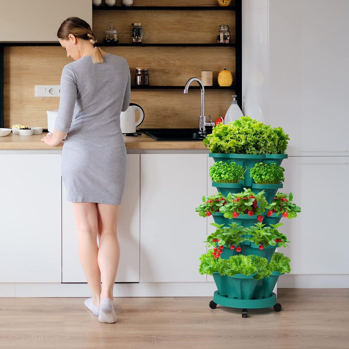 Strawberry Stacking Planters, Vertical Garden Tower, 3 Tiered Stackable Herb Vegetable Planters with Movable Casters and Bottom Saucer Indoor and Outdoor - Hunter Green