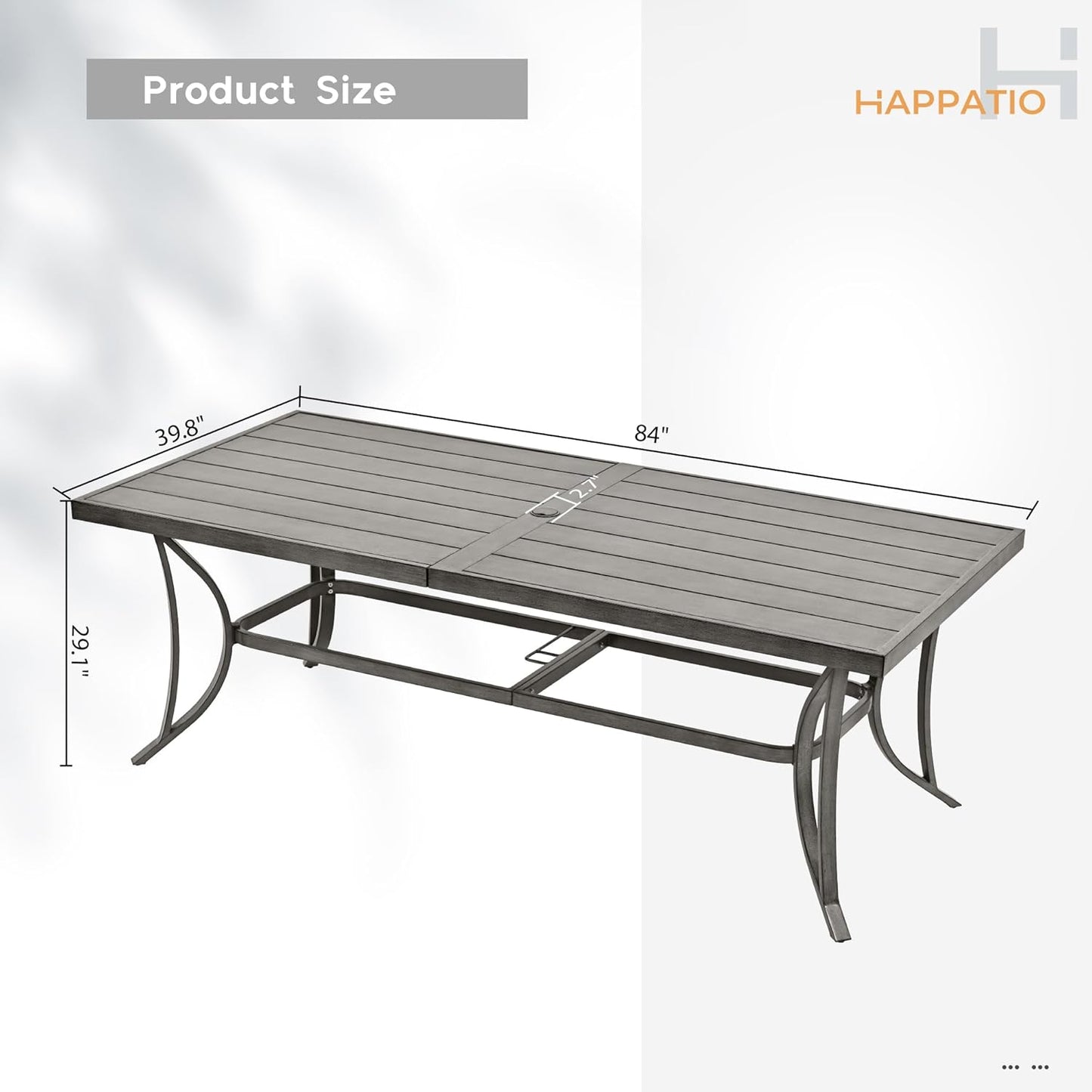 HAPPATIO Patio Dining Table for 8, Large Rectangle 84"×39.8", Patio Aluminum Slat Dining Table with 2.2" Umbrella Hole, All Weather Outdoor Table for Lawn, Garden and Poolside