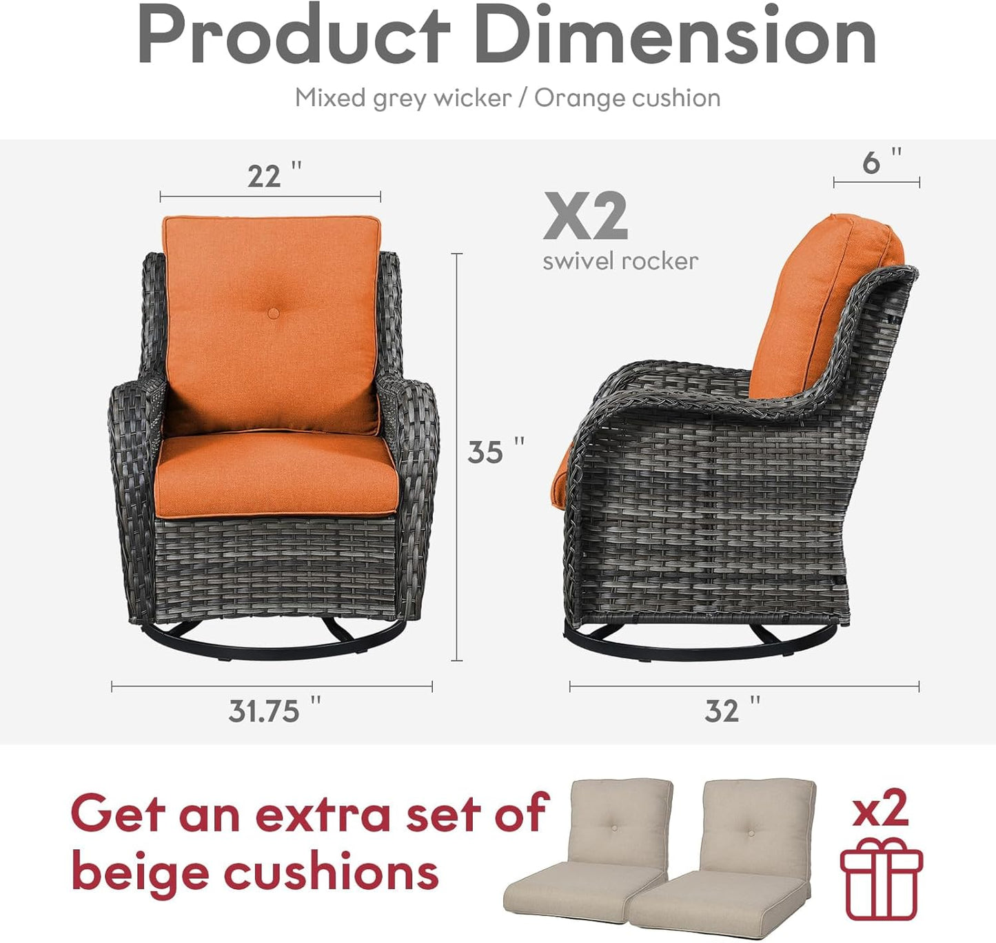 Outdoor Swivel Rcoker Wicker Chairs - Swivel Patio Chairs Set of 2 Patio Furniture Sets with Covered Cushion for Porch Deck Balcony Backyard, Orange Cushion