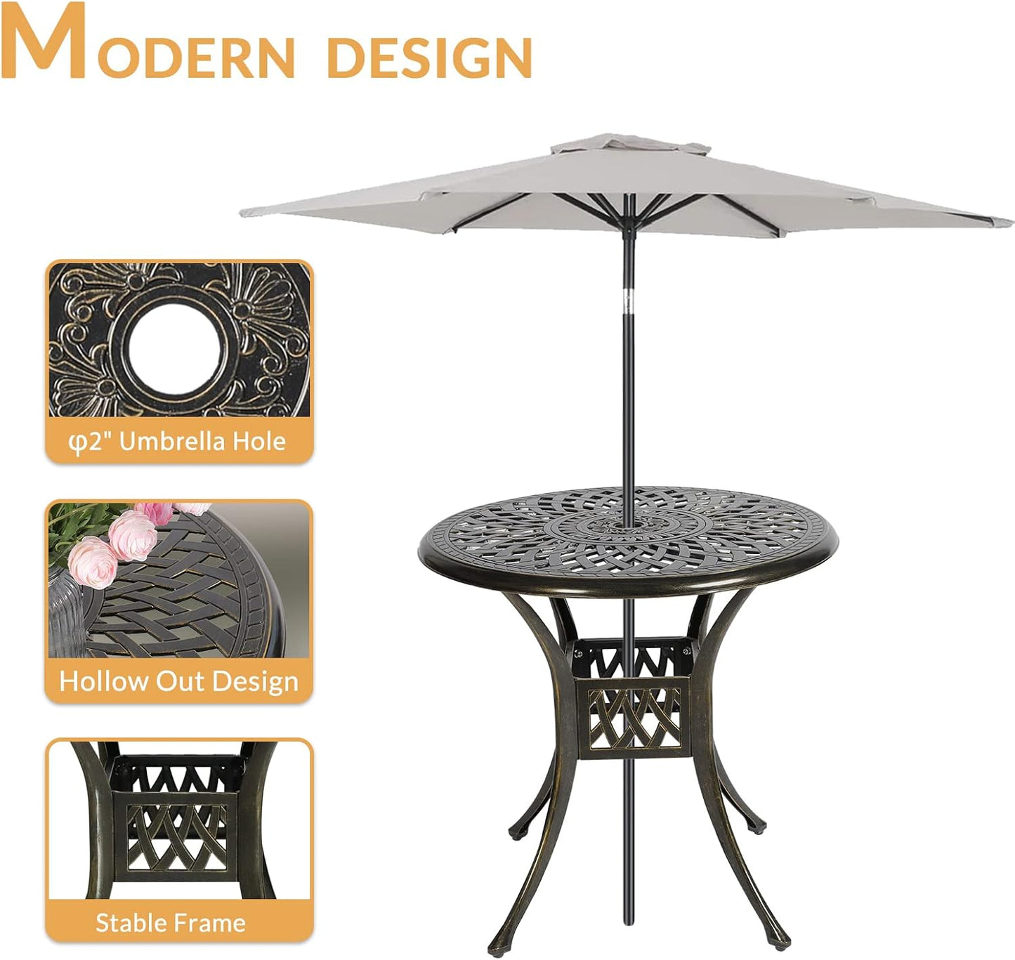 3-Piece Outdoor Patio Dining Set, All-Weather Cast Aluminum Patio Furniture Set for Backyard Garden Deck with 2 Chairs and 31” Round Table, 2" Umbrella Hole