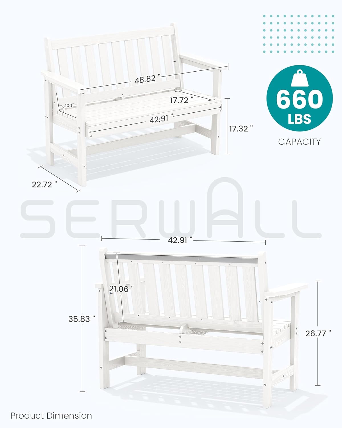 SERWALL Outdoor Bench, HDPE Outdoor Benches Weatherproof, 2-Person Garden Bench with 660 lbs Weight Capacity, Patio Benches for Outdoors, Garden, Porch, Backyard and Park, White, 4 Pack