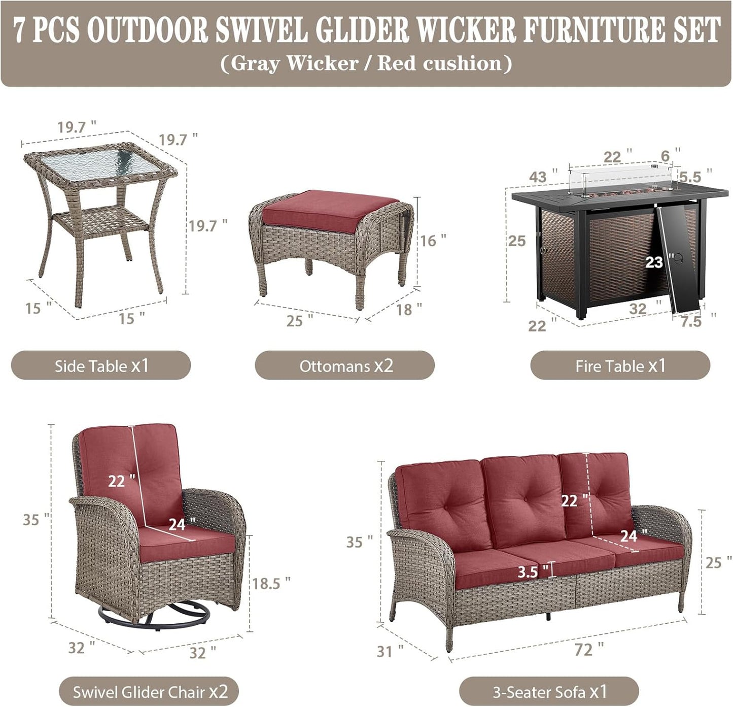 8 Piece Patio Furniture Set with 50000 BTU Propane Fire Pit Table, Outdoor Conversation Set with 2 Swivel Rocker Chairs Wicker Sofa and Ottomans for Casual Gatherings Red Cushion