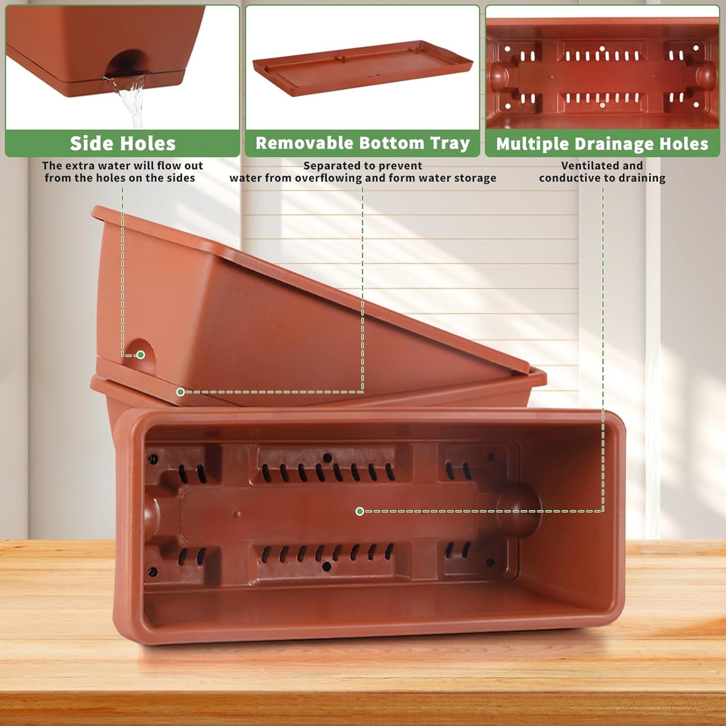 HAITRAL 16.9 Inch Deck Railing Planter Boxes for Plants, Rectangular Hanging Window Boxes Planters with Metal Flower Pots Brackets - 4 Pack Railing Planter Box for Balcony Fences Garden, Red