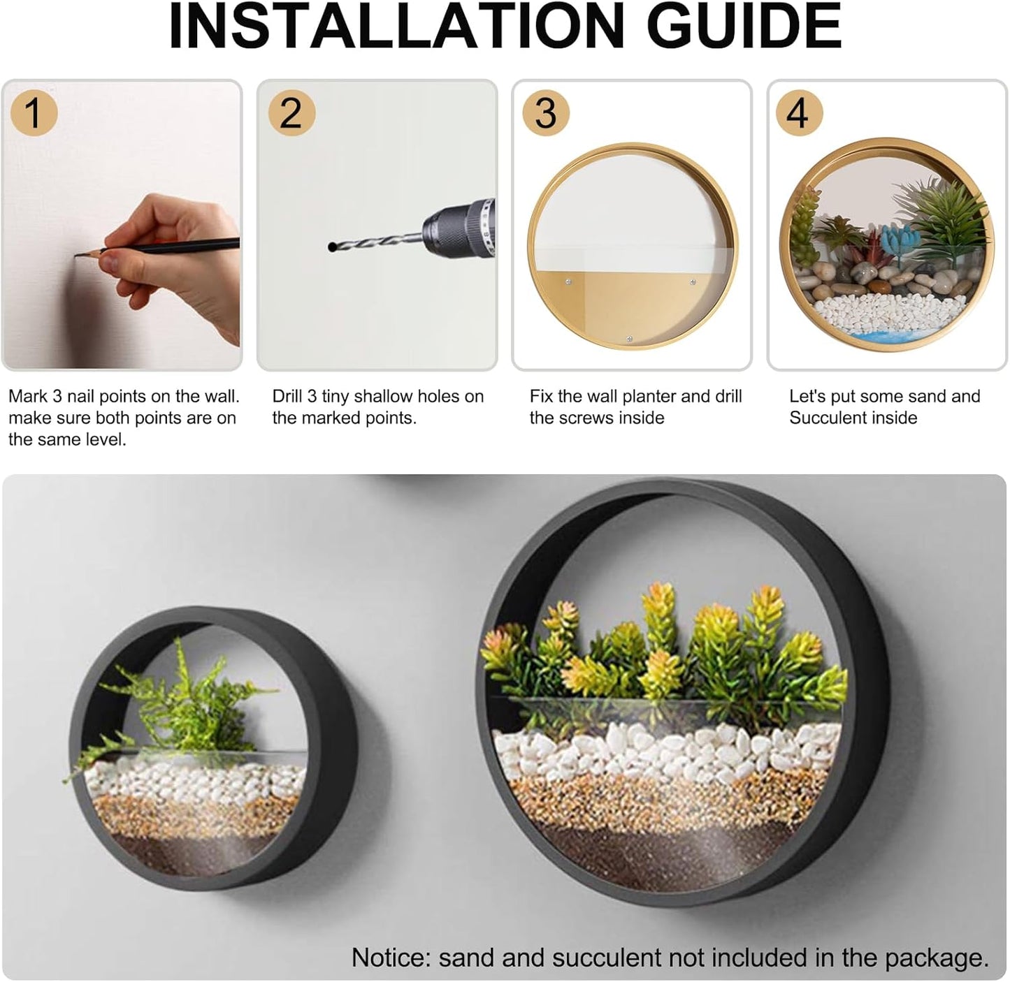 3 Pack Set Wall Planters,Modern Round Glass Wall Planter Succulent Planter Circle Iron Hanging Planter Vase for Herb,Small Cactus Perfect for Balcony, Room and Patio Decor (Black)