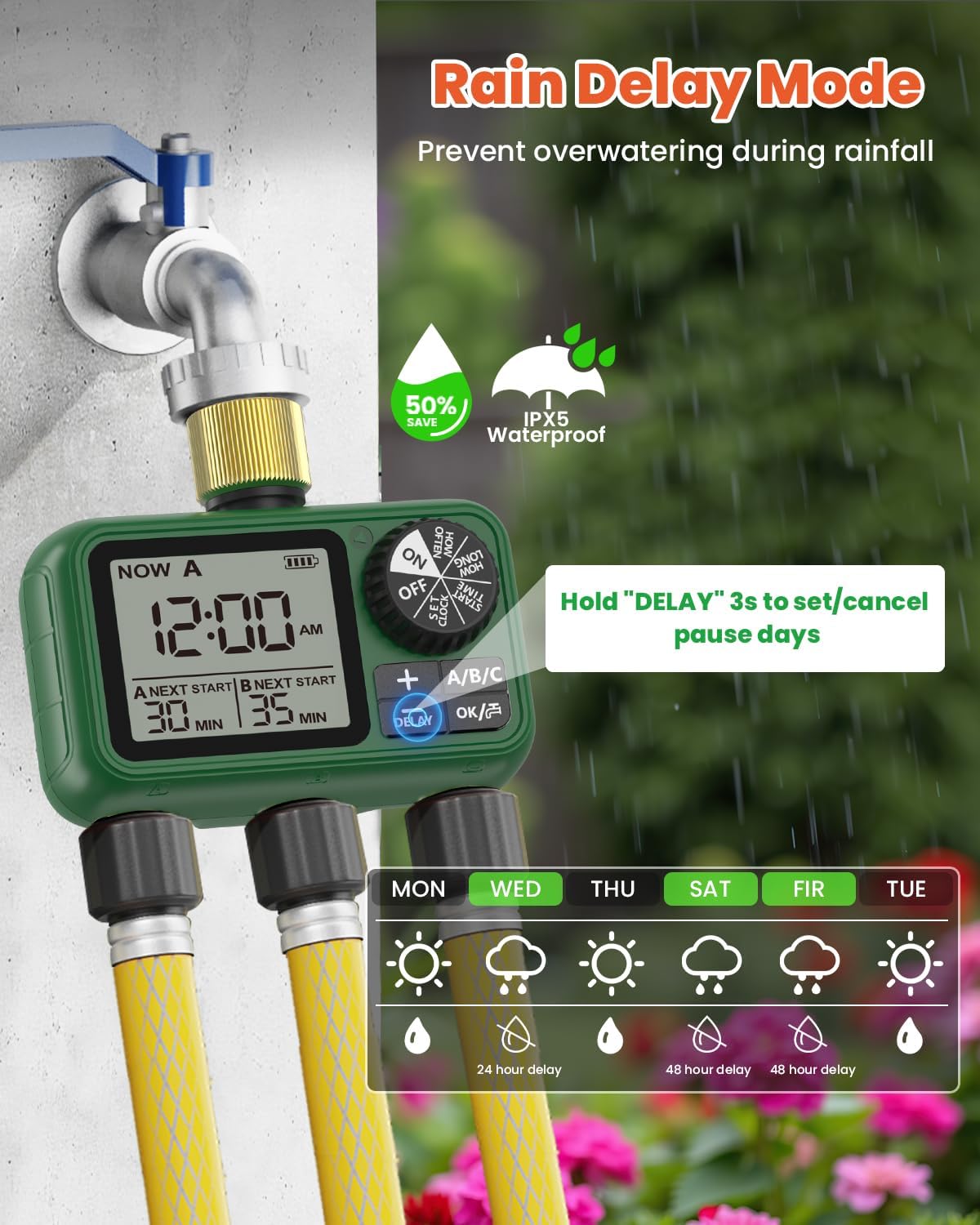 3 Outlet Sprinkler Timer Brass, XinFuture Programmable Water Sprinkler Controller for Yard, Lawn & Greenhouse, Automatic/Manual/Rain Delay Mode, Compatible with Drip Irrigation Systems