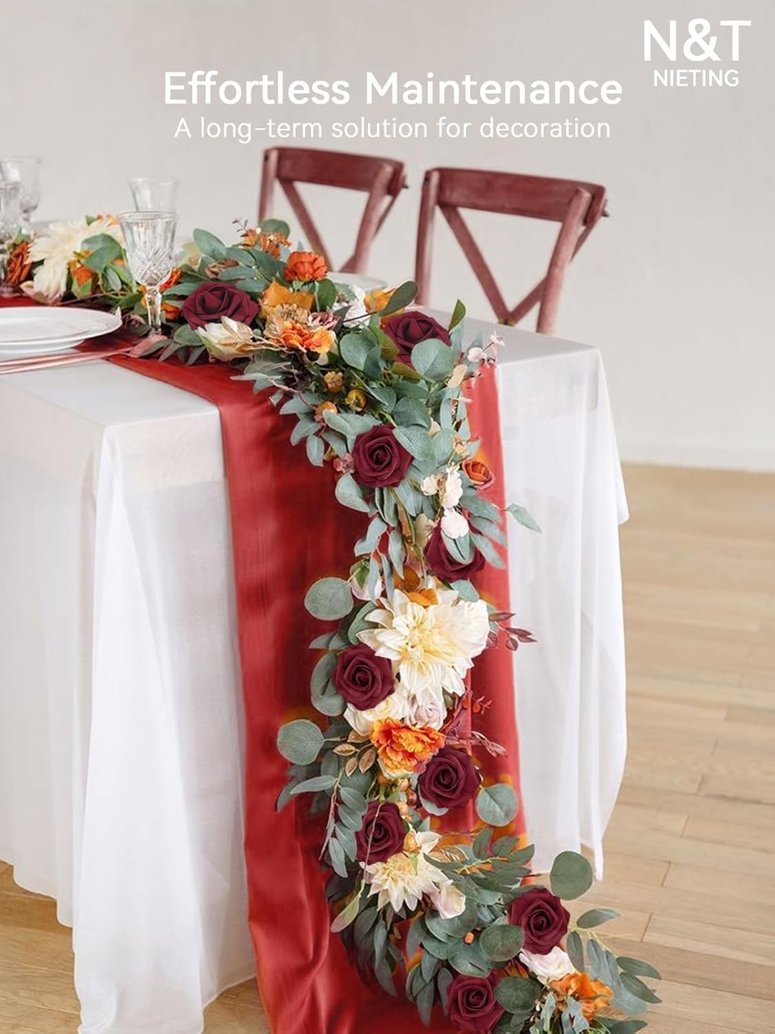 N&T NIETING Artificial Flowers, 25Pcs Fake Flowers Roses Perfect DIY Wedding Bouquets Centerpieces Bridal Shower Party Valentine's Day Home Flower Arrangement Decorations, Dark Red