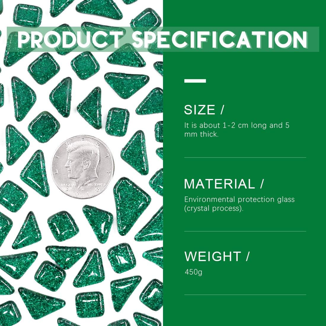 Swpeet 1 Pound Deep Green Shine Crystal Series Mosaic Tiles Assortment Kit, Square and Triangle Genuine Mosaic Tiles Glitter Crystal Mosaic Perfect for Home Decoration Crafts