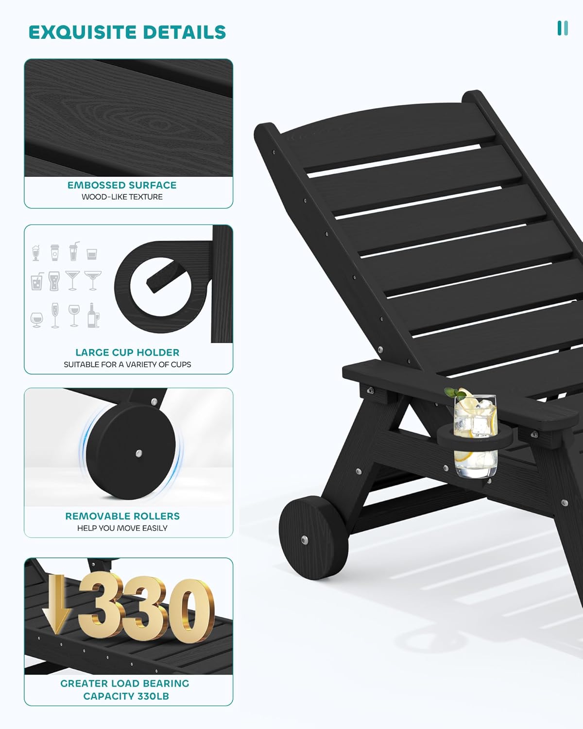 SERWALL Patio Chaise Lounge Chair Set of 2 with 9FT Patio Umbrella, 78'' HDPE Outdoor Lounger, Poly Lounge Chair with Rolling Wheels & Cup Holder for Pool,Obsidian Black (Umbrella Base not Included)