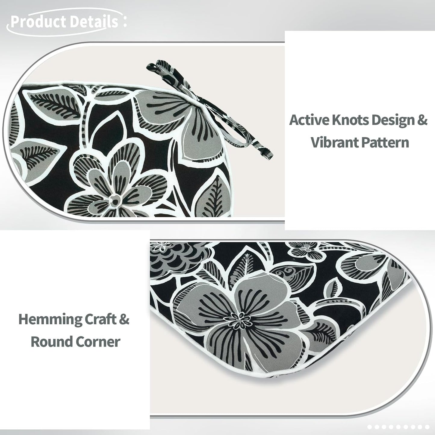 Indoor/Outdoor Chair Cushions 16x17 Inch, Patio Chair Cushions with Ties, All Weather Seat Cushions for Patio Furniture Home Garden Chair Use, Set of 4,Flower Black