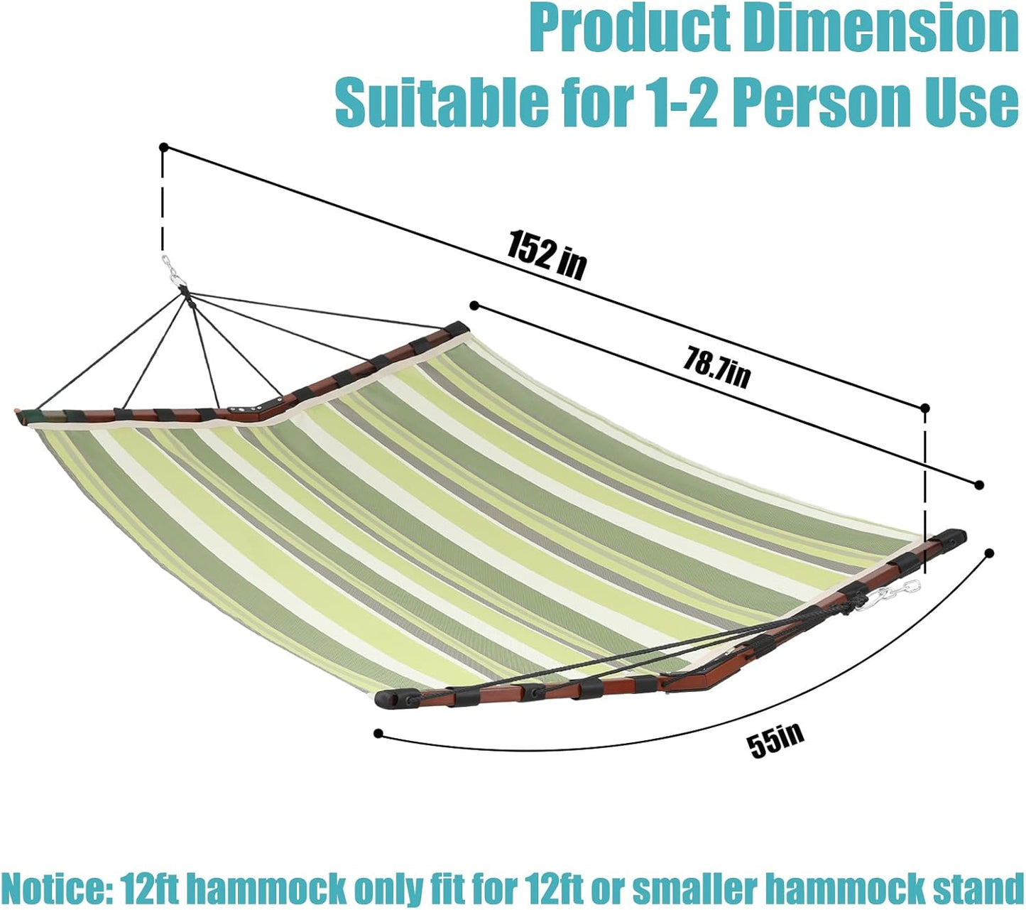 TegerDeger 12FT 2 Person Hammock Large Hammock Quick Dry 450LB Capacity with V Shaped Hardwood Spreader Bar & Nylon Rope for Outside, Patio, Garden, Backyard, Beach, Poolside - Tender Green Stripes