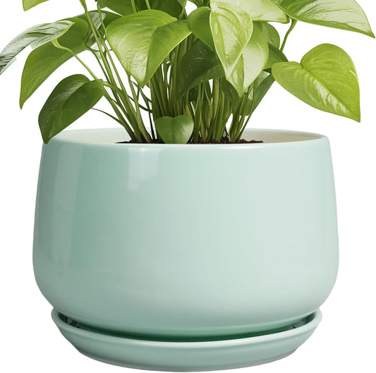 G EPGardening Ceramic Pots for Plants - 9 Inch Ceramic Planter with Drainage and Saucer, Round Planter for Indoor Outdoor Plants, Modern Flower Pots, Garden Decor, Birthday Gifts, Green