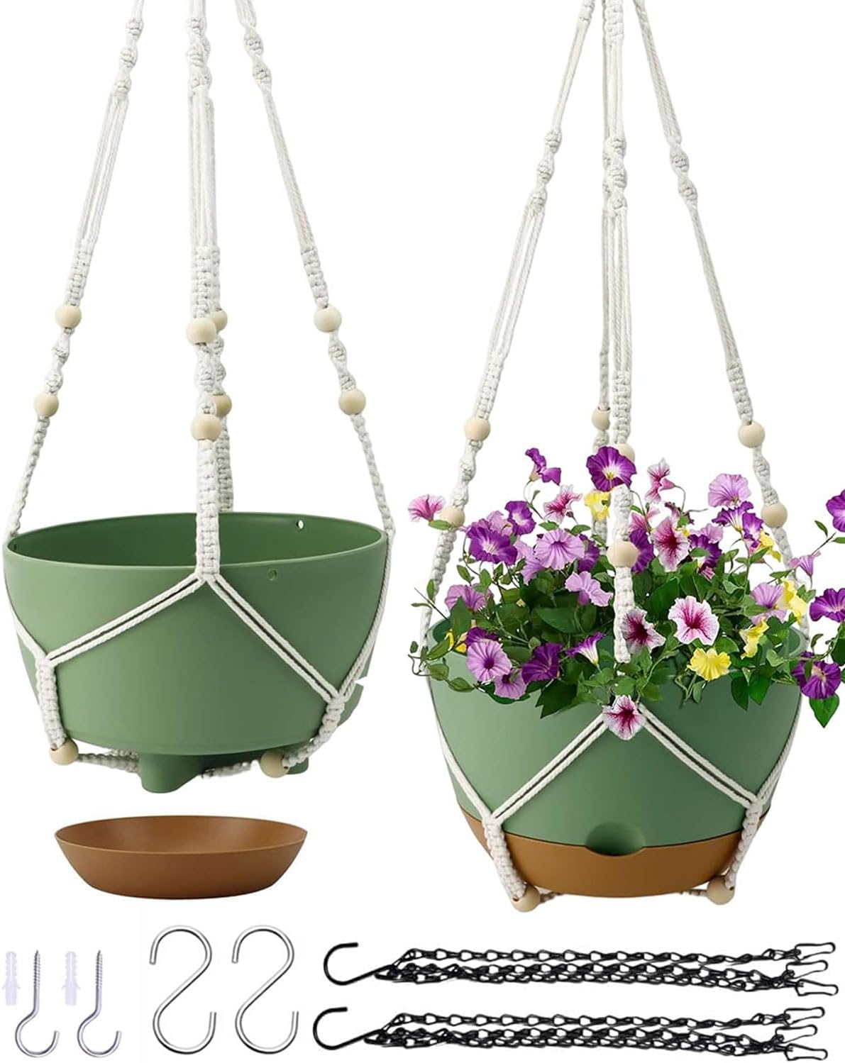 Hanging Planter Self Watering 10 Inch, 2 Pack Indoor Outdoor Hanging Baskets, Hanging Flower Pots with Drainage Hole & 2 Kinds of Plant Hangers for Garden Home Decor(Green)…