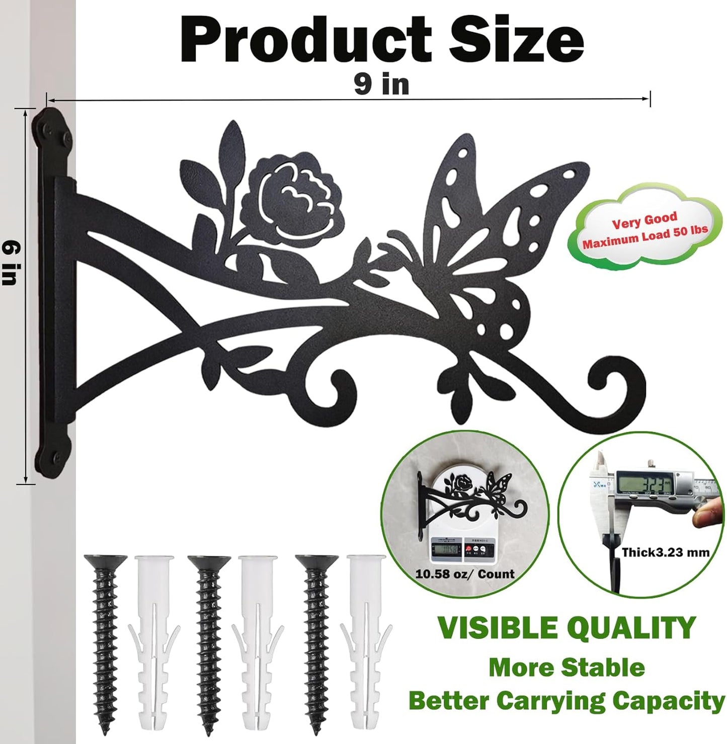 2 Pcs Wall Plant Hanger Indoor & Outdoor - 9 in Metal Hanging Plant Bracket with Butterfly Pattern - Anti Rust Plant Hooks for Hanging Plants,Flower Baskets,Bird Feeder