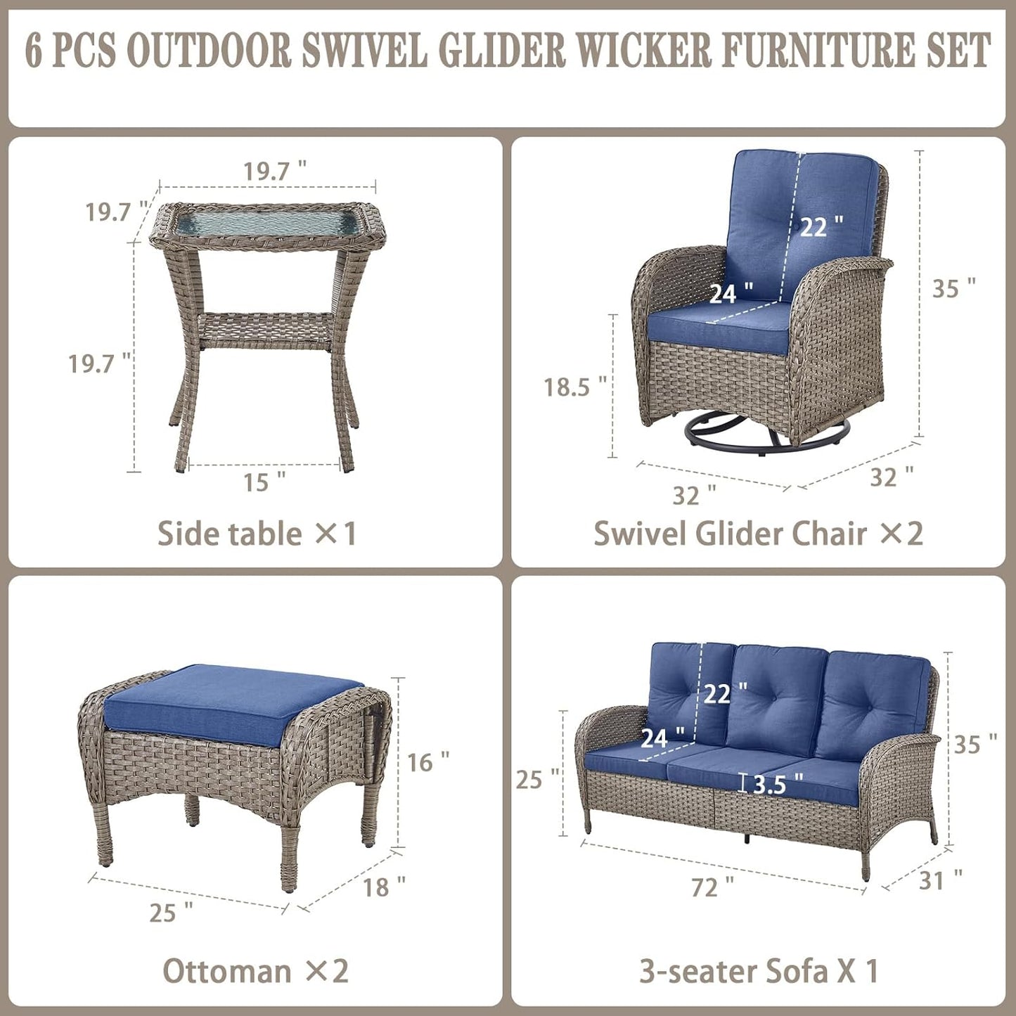 6 Pieces Wicker Patio Furniture Set - Swivel Rocker Outdoor Chairs with Outdoor Couch and Side Table, All-Weather Patio Conversation Set for Deck Sunroom Backyard