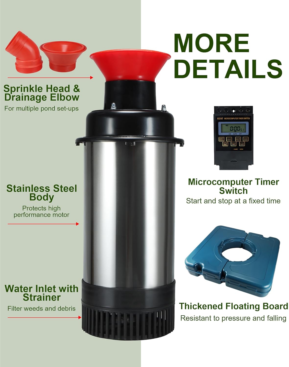 Pond Fountain Aerator 1HP, AS2 750W 15000GPH 110V/120V High Flow Floating Water Fountain Pump With 100ft Power Cord, Stainless Steel Body Aerating Fountains Cascade for Large Small Pond/Lake