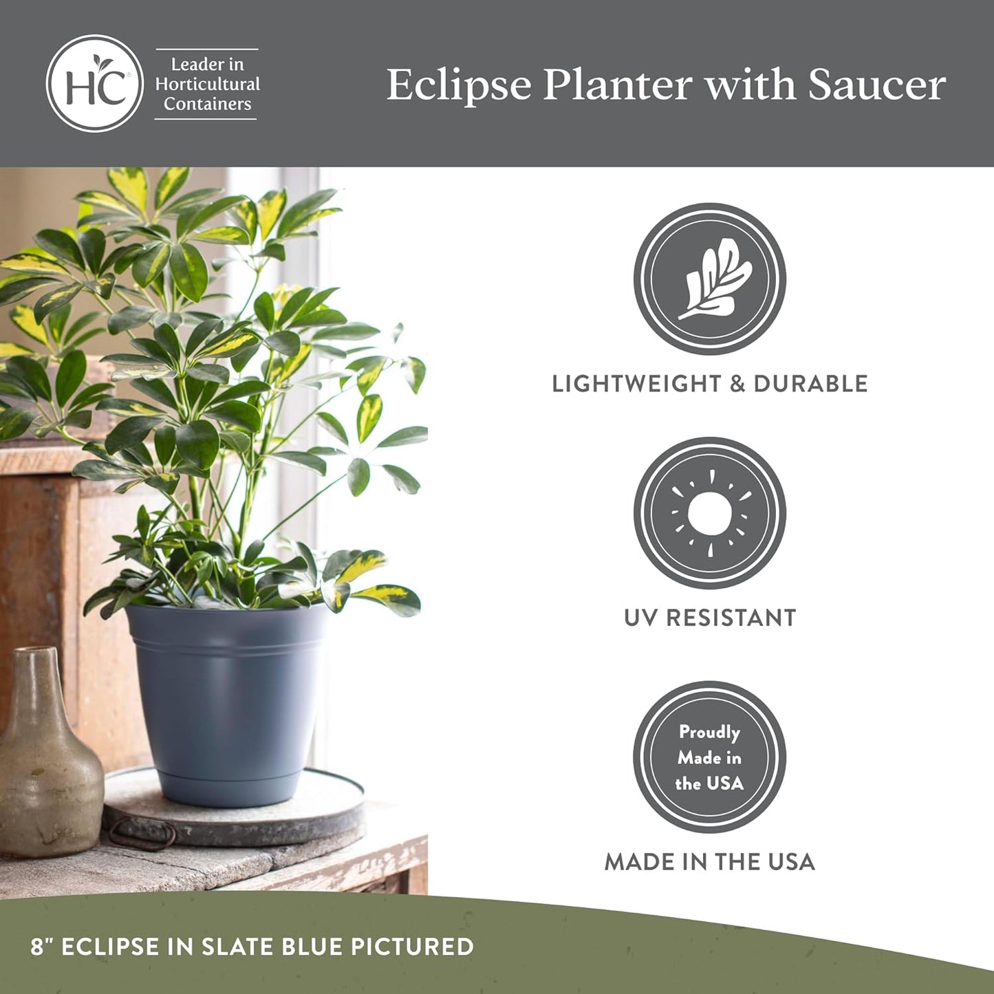 The HC Companies Eclipse Round Planter with Saucer - Outdoor & Indoor Plant Pot with Drainage Holes - Lightweight, UV-Resistant Plastic Pots for Plants, Flowers & Herbs (16" Warm Gray, Pack of 1)