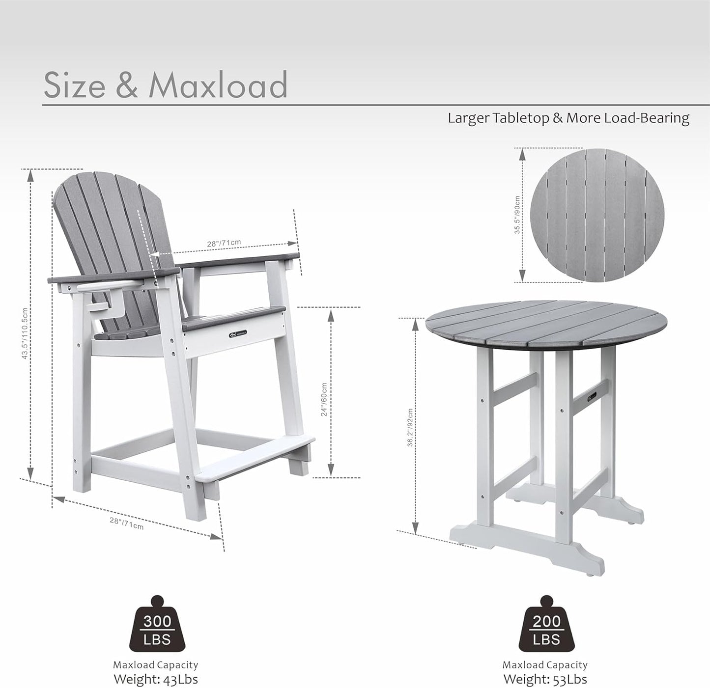 Tall Adirondack Chairs Patio Bar Tables Set of 3, Weather Resistant HDPE 35" Round Outdoor Bar Adirondack Barstools Plastic Height Table Pub, for Garden, Backyard, Yard, Pool, Fire, Pit (Grey)