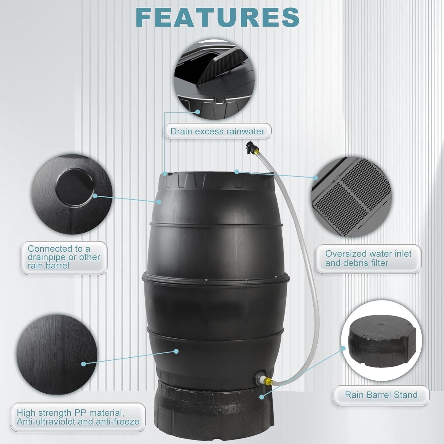 SQUEEZE master 50 Gallon Rainwater Collection Barrel with Stand-BPA Free Home Rain Catcher with Outlet Hose-Flatback Designed Water Storage Collection Barrel for Gardens and Plants