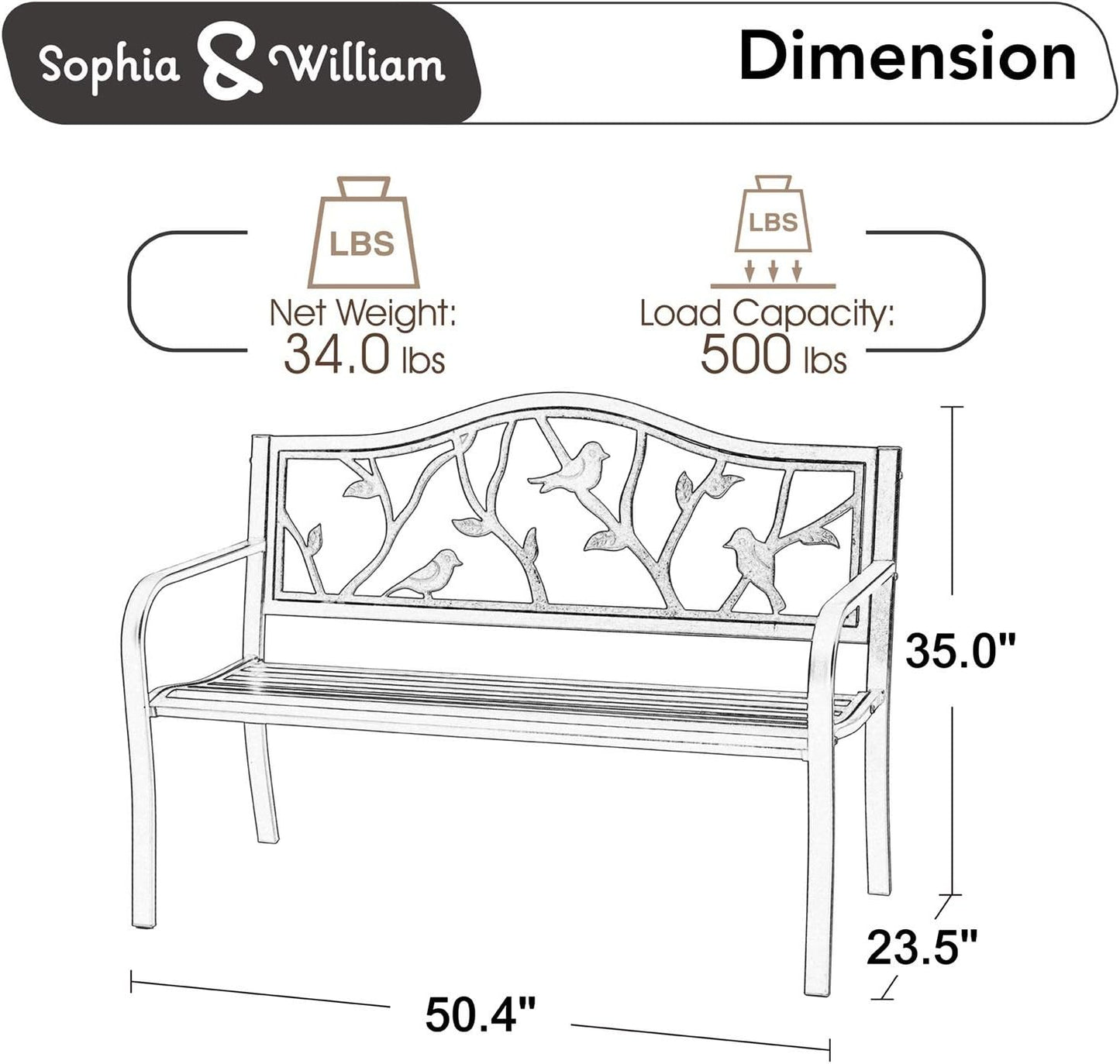 Sophia & William Outdoor Patio Metal Park Bench Red, Steel Frame Bench with Backrest and Armrests for Porch, Patio, Garden, Lawn, Balcony, Backyard and Indoor, 50.4”Wx23.5”D x35.0”H
