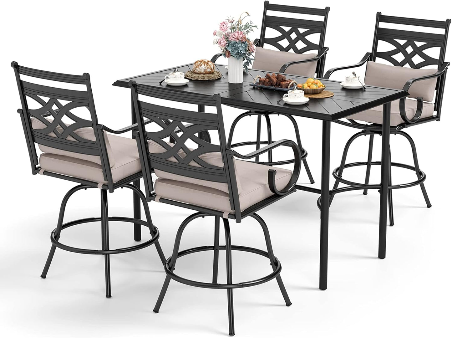 Sophia & William Patio Bar Set 5 Piece Outdoor High Dining Table and Chairs Set, 4 Swivel Bar Stools and 1 Rectangular Bar Height Table, All-Weather Metal Furniture Set with Beige Cushion