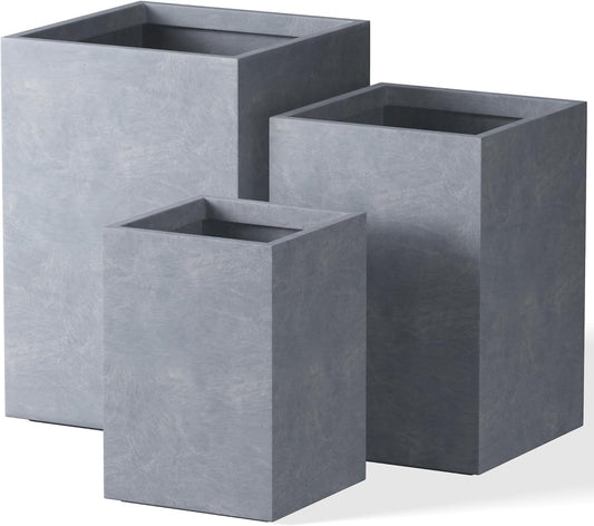 Kante 18.5",15.7",12.6" H Tall Rectangular Concrete Planters Set of 3, Outdoor Indoor Lightweight Plant Pots with Drainage Hole and Rubber Plug, Modern Style for Home Garden Patio, Slate Gray