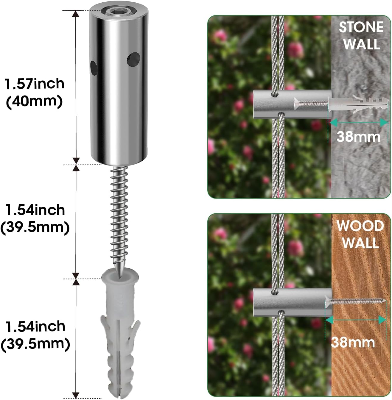 10 Sets Cylindrical Hubs Wall Trellis Kits, Wire Trellis for Climbing Plants Outdoor with 53Ft x 1/8" T316 Stainless Steel Rope, Garden Wire Trellis System for Espalier & Vertical Gardening