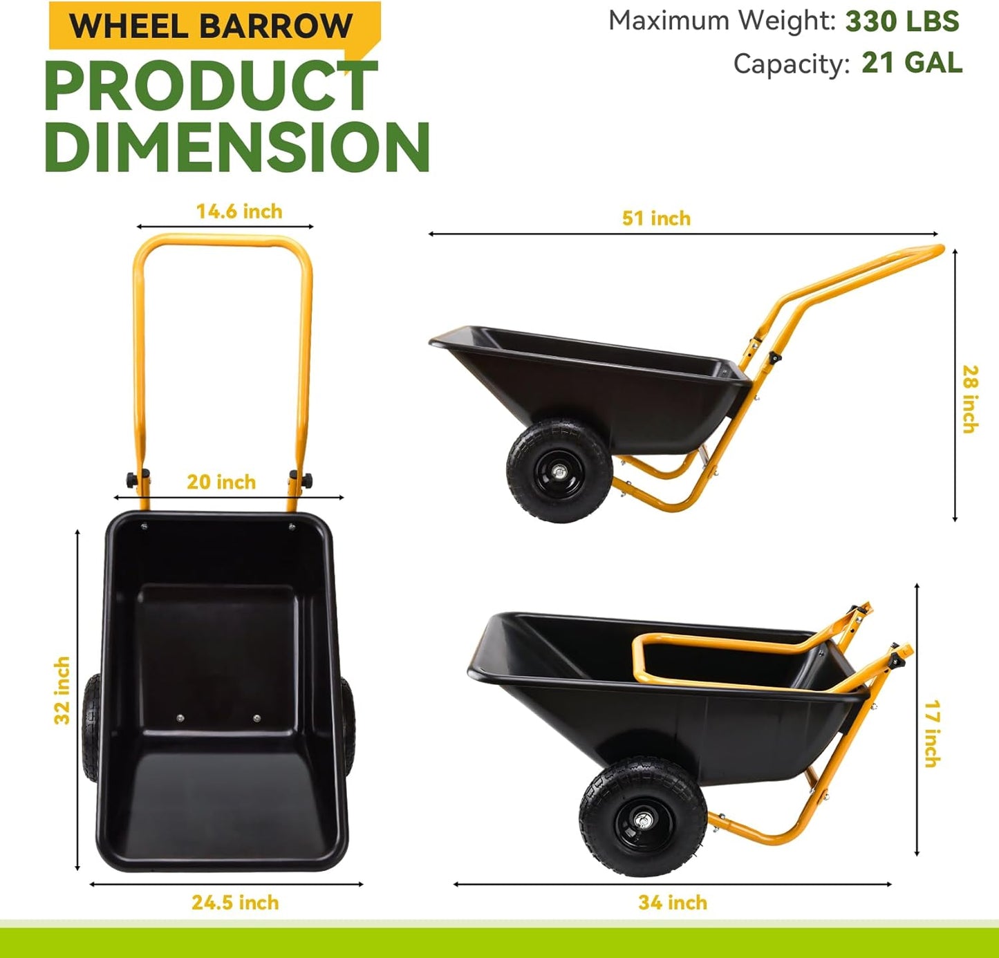 Folding Dual-Wheel Wheelbarrow,Heavy-Duty 330 LB Garden cart,10-inch Air-Filled Tires,Home Garden Yard Utility for Outdoor Lawn Yard Farm Ranch(Black)