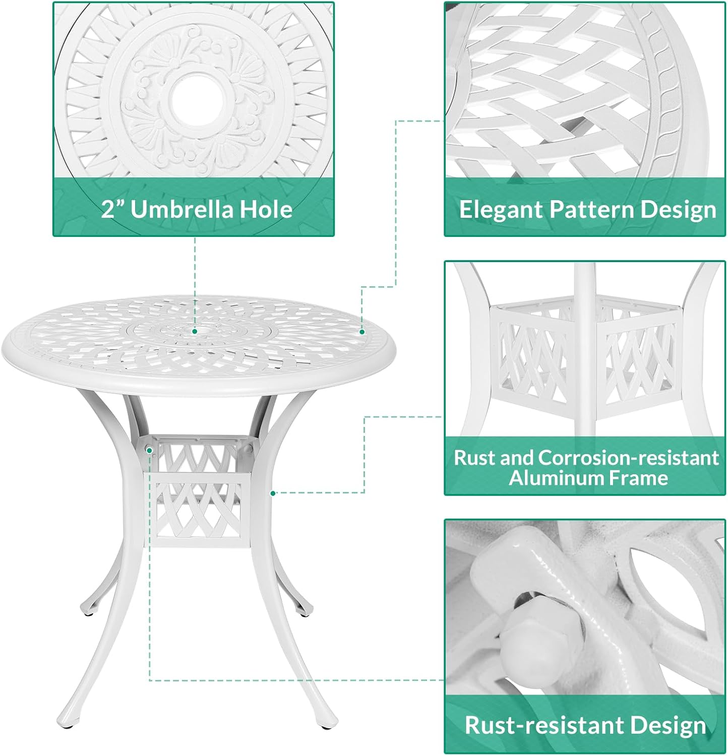VIVIJASON 3-Piece Patio Furniture Dining Set, All-Weather Cast Aluminum Outdoor Bistro Set, Include 2 Dining Chairs and 31" Round Table w/ 2" Umbrella Hole for Balcony, Lawn, Garden, Backyard, White