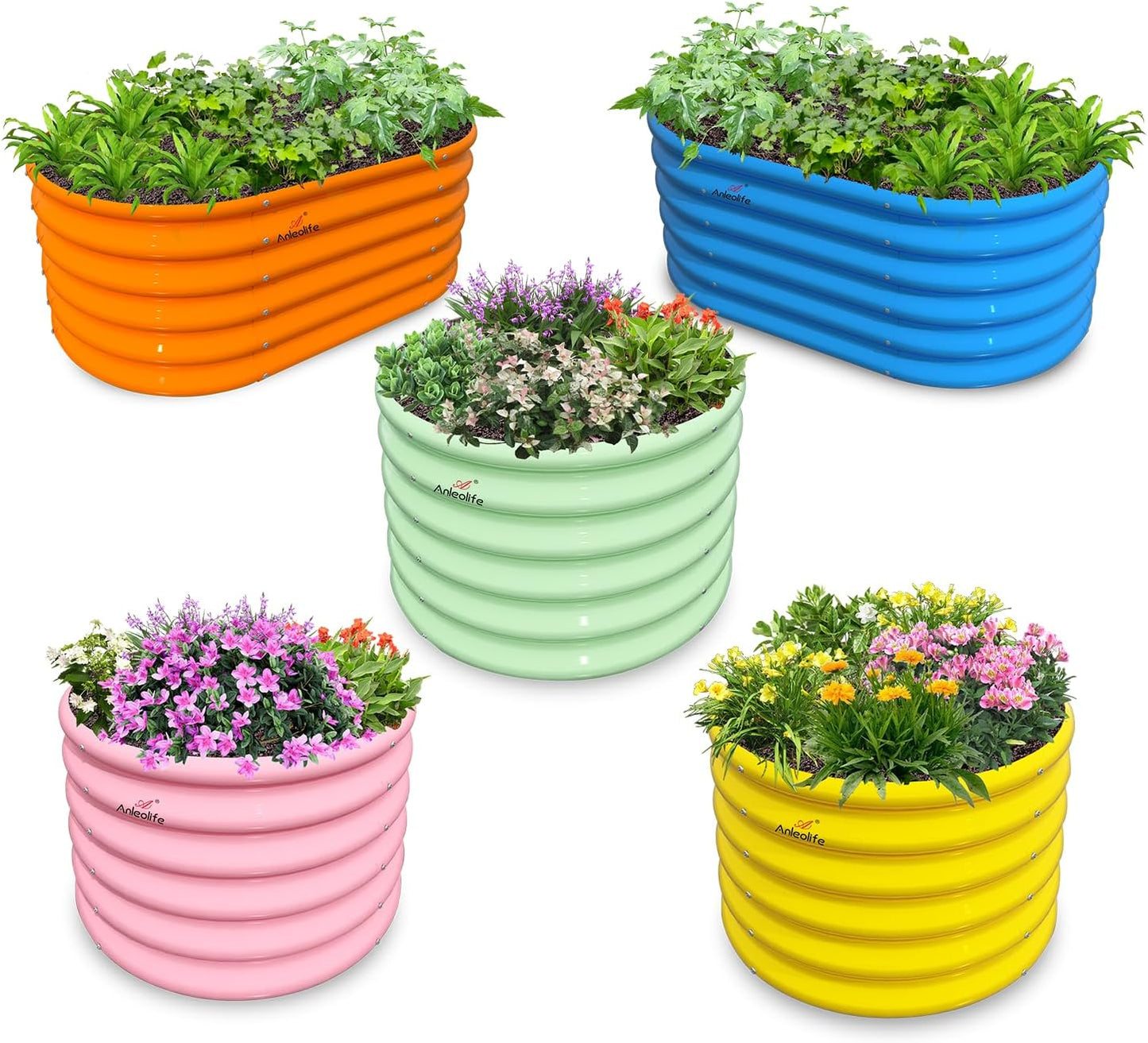 A ANLEOLIFE 5-Pack 18in Tall Kids Raised Garden Beds Outdoor, 40x24in Oval & 24x24in Round Galvanized Metal Planter Box for Planting Vegetables, Flowers, Fruits, Eco-Safe & Easy Setup