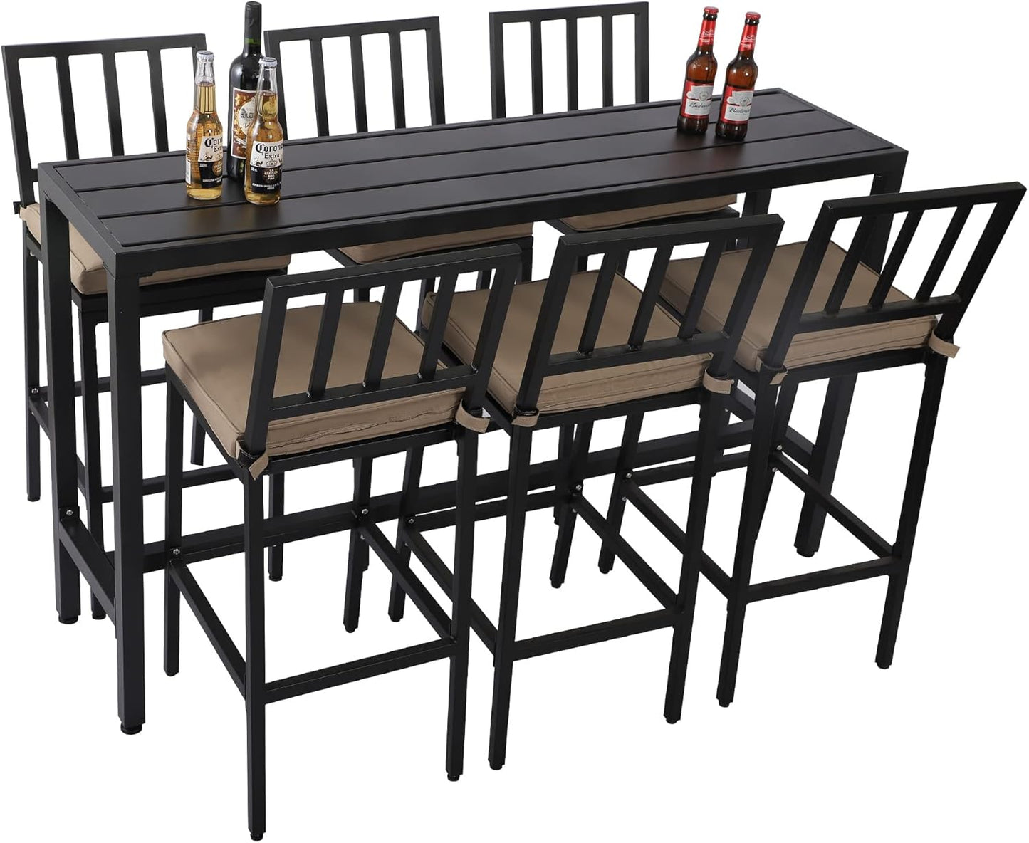 Outdoor Patio Bar Set, Bar Height Patio Dining Set, Weather-Resistant Bistro Counter Pub Set with Cushions & Slatted Tabletop for Backyard, Garden, Yard (63" Table, 6 "I Style Stool, Black)