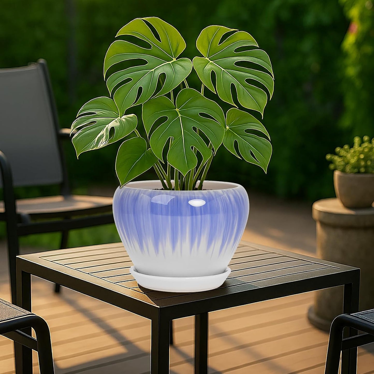 Deep Dream 8 Inch Plant Pots- Ceramic Pots for Plants with Drainage Hole and Saucer, Large Planter Pot for Indoor Plants Outdoor Decor, White&Blue