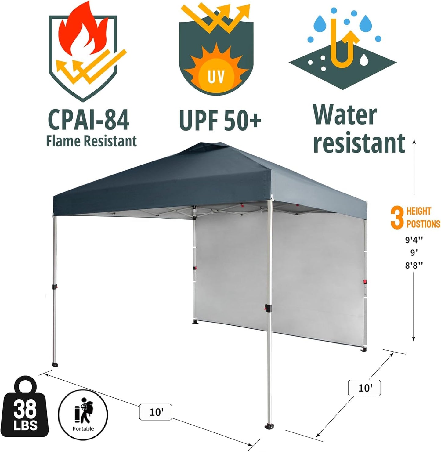 CROWN SHADES 10x10 Pop Up Canopy with 1 Side Wall - Beach Tent with One Push Setup - Outdoor Sun Shade for Events, Parties, Camping - Gazebo with STO-N-Go Cover Bag (Grid Grey)