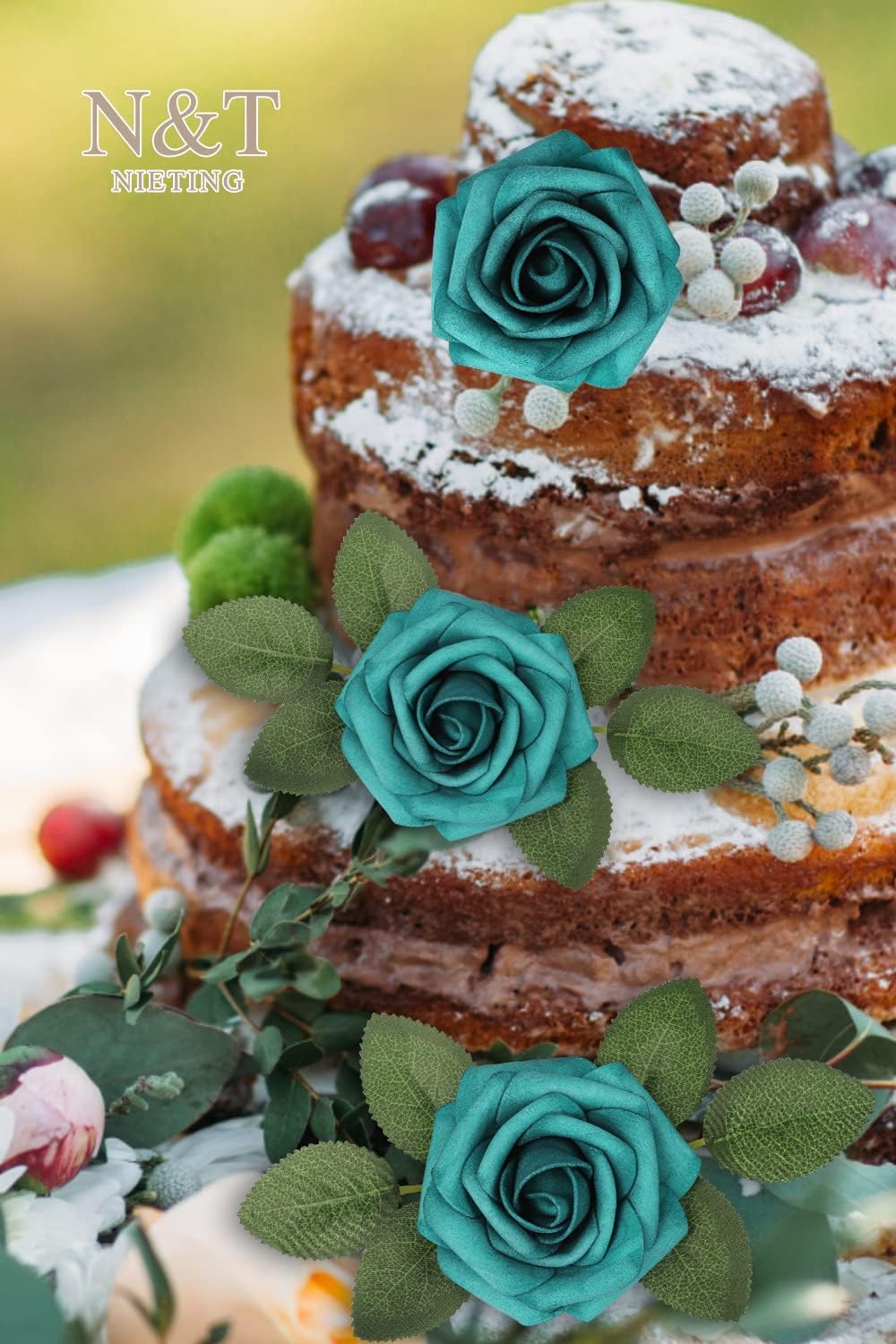 N&T NIETING Artificial Flowers Foam Roses 25 pcs Peacock Green Fake Roses w/Stem for DIY Home Decor Indoor Outdoor Centerpieces Arrangements Bouquets